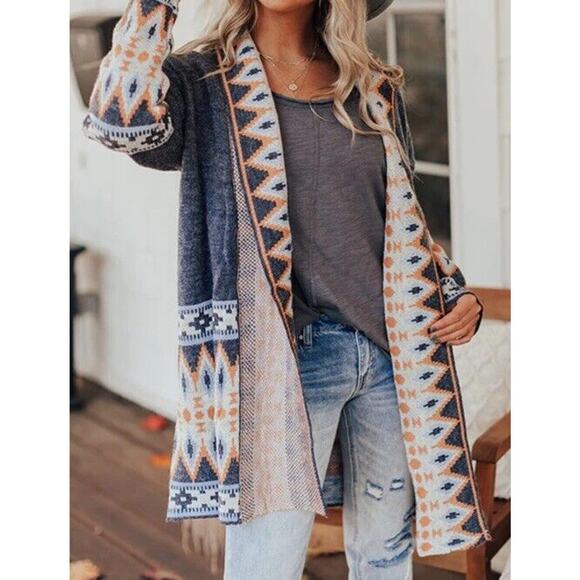 Aztec Print Cardigan Size Small By Impressions Oversized Blue Gray Yellow - Picture 6 of 10